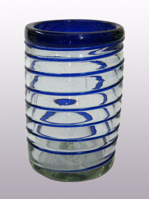 Vasos de Vidrio Soplado al Mayoreo / vasos grandes con espiral azul cobalto / Éstos elegantes vasos cubiertos con una espiral azul cobalto darán un toque artesanal a su mesa.